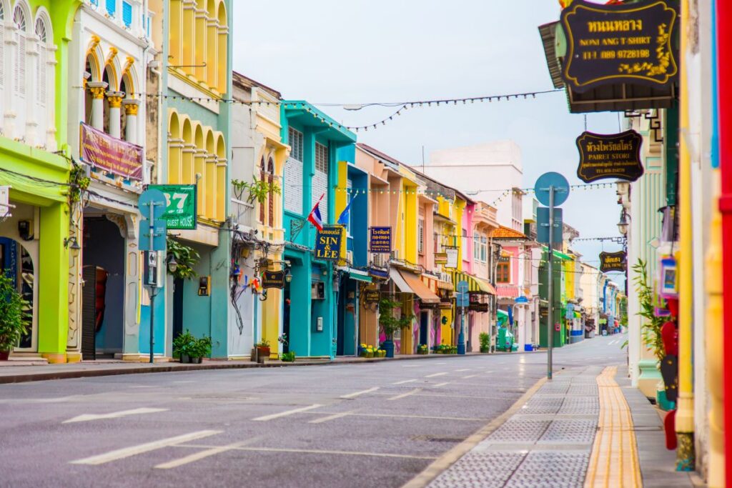 Family exploring the colorful streets of Phuket Old Town